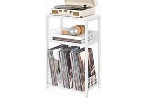 LELELINKY Record Player Stand with Vinyl Storage Up to 100 Albums,3 Tier Record Player Tablewith Protective Net,Distinctive End Table.Multi-Functional Turntable Stand for Living Room,Bedroom(White)