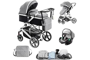 Lnhcrbs Cochecito Bebe 3 Piezas,el Chasis Del Cochecito Bebe es de Aluminio, la Cesta Para Dormir es de Tela 600D, Silla de Paseo es Plegable, la Cubierta Para la Lluvia, la Mosquitera,Gris