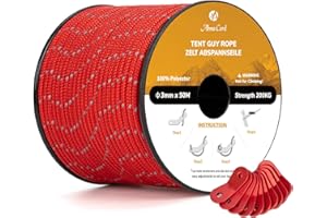 Abma Cord 50M Cuerda de Tienda Campaña Reflectante 3mm con 10 Pcs Tensores Ajustador - MAX. 200kg - Reflectante Rojo