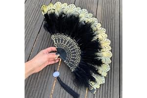 Duories Feder Handfächer,mit Quastenanhänger,Faltfächer Klappfächer Vintage Spanische Viktorianischen Damen Fächer Tanzen Hand Fan für Hochzeit Geschenk Sommer Feste Party Fasching Kostüm,Schwarz