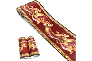 MESOAR Self Adhesive Vintage Red Floral Wallpaper Border Peel Stick Decorative Ceiling Border Kitchen Bathroom Bedroom Sticker Molding Border 10cm by 32.8ft