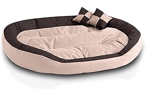 BedDog® 4in1 Hundebett SABA, Wende-Hunde-Kissen oval-rund, großes Hundekörbchen, abwischbares Hundebett mit Rand, für drinnen, draußen, XXXL, Melange, beige-braun