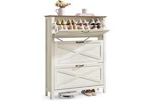 VASAGLE LIRY Collezione - Scarpiera con 3 Scomparti a Ribalta, Scarpiera Ingresso Slim, Stile Farmhouse, per 18-24 Paia di Scarpe, Bianco Vintage HSC301W02