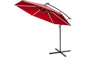 Kingsleeve® Ampelschirm LED Beleuchtung UV Schutz 80+ Solar Ständer Schutzhülle 350cm Groß Kurbel Balkon Terrasse Gartenschirm Sonnenschirm Rot