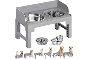 Feandrea Podwyższona miska dla psa, ze stojakiem, regulowana wysokość i pochylana stacja karmienia, 2 miski ze stali nierdzewnej 304, 1 miska do powolnego karmienia, gołębiowo-szary PRB103GD01