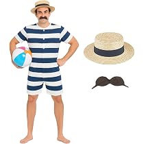 I LOVE FANCY DRESS Viktorianischer Herren Badeanzug Kostüm – Inkl. Hut, Größe M, Rot-weiß Gestreift