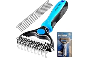 Theamers Dematting & Grooming Comb for Dogs and Cats, Pets Grooming Brush and Rake for Small, Medium & Large Dogs 17+9 Double Sided Deshedding Tool Removes Knots and Tangled Hair (Blue)