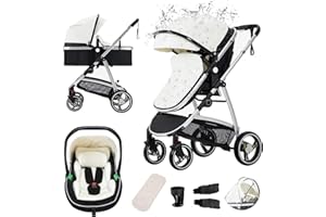 Gcarebb Cuirs 3 en 1 Poussette, Poussettes Citadines Avec Siège Auto, Poussette Canne Portable Pliant en Un Clic, Poussettes Combinée Paysage Haut Cadre en Aluminium 0-4 Ans