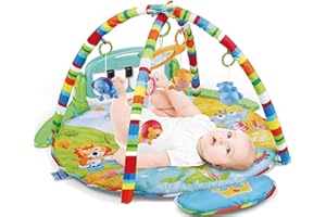 Meero London HE0610 Newborn Blue Round Play mat Gym with Large Keyboard 4 in 1 Kick & Play Activity Centre, Fun Animals, Music, Sound, Textures, Rattle, Discovery Carpet for Infants Toddlers, 0-36M