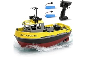 TECH RC Remote Control Boat 2.4 Ghz Waterproof 1:72 Remote Control Tugboat for Adults and Children RC Boat for Kids Two Rechargeable Batteries 40 Minutes of Play Summer Outdoor Aquatic Toy Gift (Yellow)