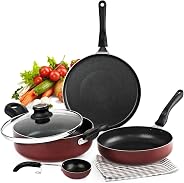 Cello Prima + Induction Base Non-Stick Aluminium Cookware Set, Cherry