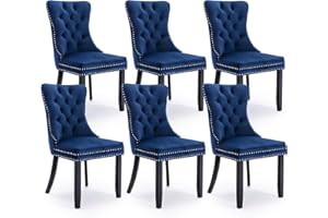 SoarFlash Ensemble de 6 Chaises de Salle à Manger en Velours, avec Dossier à Ailes tapissé, piquetage à Boutons, Garniture rivetée, Anneau décoratif de Dossier et Jambes en Bois, Bleu