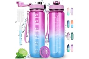 AOPREL Trinkflasche 1L - Sport Wasserflasche - Auslaufsicher Trinkflasche mit Filter Motivierende 1 Liter Trinkflasche für Familien Schulen Büros Bergsteigen Fahrrad Camping (Rot-Blau-Gradient)
