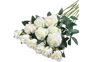 Hawesome 12PCS Artificial Roses Fake Flowers Single Long Stem Blooms with Rose Buds Wedding Decoration Bridal Bouquet Decorative Flower Arrangement Home Decoration Party Centerpieces in Cream White