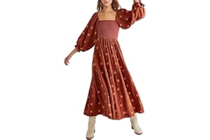 Acrawnni Women's Flower Embroidered Maxi Dress Long Puff Sleeve Square Neck Smocked Tiered Bohemian Flowy Dress Beach Long Dress