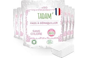 Tadam - 1080 Carrés de Coton Bio - Lot de 6 Packs de 180 Pads de 8x10 cm - Fibre 100% Naturelle, 100% Coton Bio - Sans Chlore, Certifié Gots - Fabriqué en France