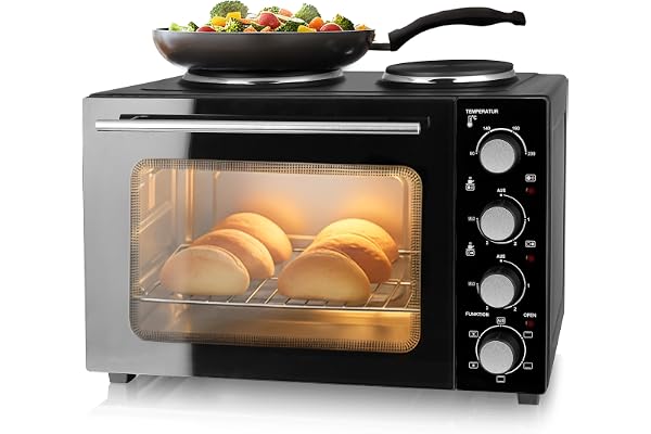 EMERIO Ugn med 32 liter + 2 spisplattor | luftcirkulation topp-/undervärme | timer temperaturregulator | inkl. bakplåt och grillgaller