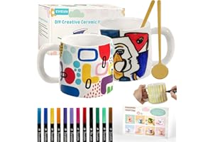 EVIEUN Keramik Bemalen Set Weiße Tassen Bemalen Set,Mit 2 Tassen 350ml,12 Malstiften und 2 Löffeln,Kreativität im Haushalt,Erwachsene DIY Becher Handwerk Bastelset