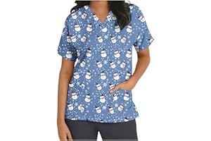 RLEHJN Christmas Scrubs Tops Nurse Women Tunic Medical Healthcare and Beauty Tunics Tops with Pockets Xmas V-Neck Short Sleeve T Shirts Nurse Hospital Top Beauty Salon Work Top for Ladies