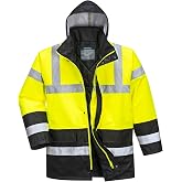 Portwest Working Jacket Warning Detachable Hood 4 Pockets | Yellow/Black, XL, EN ISO 20471 Class 3, EN 342, Standard Cut, Lon