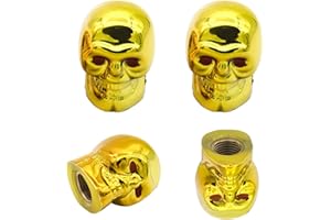 Misuyue Bouchon Valve Pneu Voiture, Bouchons Valve Vélo, 4 Pièces Bouchon de Valve Voiture en Cuivre ABS avec Joint D'étanchéité, Crâne Style Bouchon Pneu Voiture (Or)