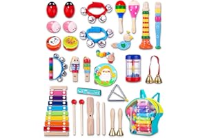 JOFLVA Instrument De Musique Enfant, 32 PCS Instrument De Musique, Ensemble De Jouets Musicaux Bois, Instruments De Musique Jouets De Percussions Enfants Set, Jouet Musical en Bois pour Enfant 3 Ans.