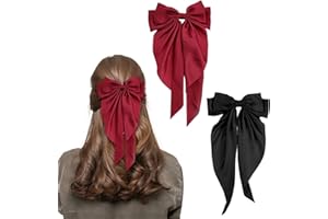 LECTNORE Bow Hair Clip, 2Pcs Hair Bows for Women Big Bowknot Hairpin French Hair Clips with Long Ribbon Solid Color Hair Barrette Clips Soft Satin Silky Hair Bows for Women Girls(Black+Red)