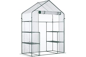 Outsunny Serre de Jardin 142 x 73 x 195 cm 6 tablettes PVC Haute densité 140 g/m² Anti-UV avec Porte déroulante Transparent Vert