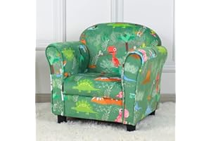 PWTJ Kid Sofa Chair, Single Seat Upholstered Kids Armrest Chair with Dinosaur Pattern Velvet Fabric for Kid Room Furniture（Green）