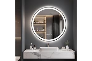 ‎DRIPEX Dripex Badspiegel mit Beleuchtung Rund Led Spiegel mit Uhr und Touch-Schalter, Dimmbar, 3 Lichtfarbe Einstellbare Runder Badezimmerspiegel mit Beleuchtung, Beschlagfrei 60x60 cm