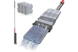MASTERTOP Mocio Piatto in Microfibra con Strizzatore Integrato, Mop Autostrizzante da 36cm con Testa Girevole a 360°, Mocio in Piedi per la Lavapavimento con 6 Tamponi in Microfibra (Grigio)