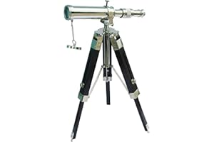 ECTORIA Medieval Replicas Nautical Collectible Silver Brass Handmade Telescope with Black Wooden Tripod Stand Nautical Gift