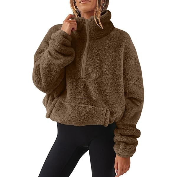 Koerye trui dames winter fleecetrui teddyjack sweatshirt herfst pluizig trui met 1/4 rits fleece zacht langarmshirt met zakken tops, bruin, S Koerye trui dames winter fleecetrui teddyjack sweatshirt herfst pluizig trui met 1/4 rits fleece zacht langarmshirt met zakken tops, bruin, S