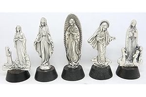 Gtbitaly - Jugo de 5 figuras de plata con base de madera - Virgen Milagrosa - Nuestra Señora de Guadalupe - Nuestra Señora de Medjugorje - Nuestra Señora de Fátima - Nuestra Señora Lourdes