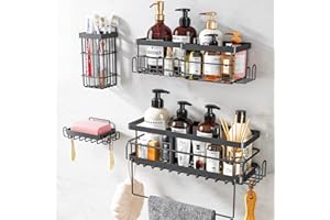 ACMETOP Duschablage ohne Bohren, 5er Set duschregal ohne bohren mit Seifenhalter, Zahnpastahalter und Handtuchhalter, Edelstahl badregal ohne bohren duschkorb für Küche Badezimmer Organizer.(schwarz)