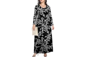 POPYOUNG Autumn-Winter Casual Long Sleeve Crewneck Mixi Dress Flowy with Pockets Long Dresses