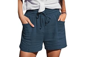 crazy bean Short Ample D'éTé pour Femmes Short Confortable pour Femmes en Coton et Lin avec Poches Shorts D'éTé DéContracté à Taille Haute et Cordon de Serrage