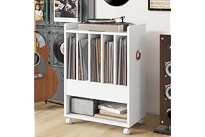 GIANTEX Mesa Auxiliar para Tocadiscos con Ruedas, 52 x 29,5 x 73 cm, Estantería para Discos de Vinilo, Mesilla con Compartimentos de Almacenamiento, Organizador de Discos para Salón, Dormitorio