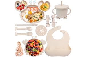 Kinyoda Talerz dla niemowląt zestaw 10 zestawów posiłków dla niemowląt, miska i łyżka dla niemowląt, silikonowy śliniaczek dla niemowląt, talerz z przyssawką dla niemowląt, beżowy