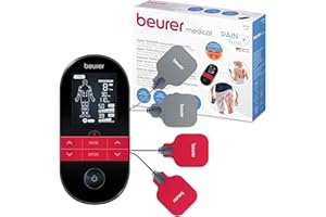 Beurer EM 59 Électrostimulateur musculaire TENS/EMS, 4-en-1 pour la thérapie de la douleur, la stimulation musculaire, le massage et la, Noir thermothérapie, avec 4 électrodes et batterie