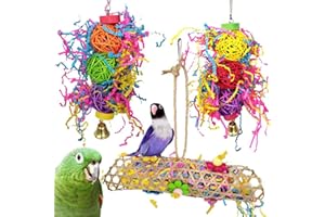 Fingertoys 3er Pack Bird Toys, Bird Cage Toys Hanging Swing Shredding Kaustangen Papageienbiss Spielzeug Holzleiter Hängematte für Wellensittiche, Nymphensittiche, Conures, Finken, kleine Sittiche