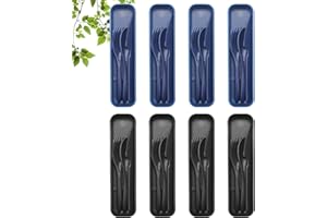 BEWOS 8 Sets Travel Cutlery Set with Case, Reusable Plastic Cutlery Set for 8 People, Portable Camping Cutlery Set Including Knife Spoon Fork for Travel Picnic Camp or Daily Use (Dark Blue and Black)