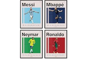 A ART·ZONE Soccer Posters 8x10 Inch Framed Canvas Prints Set of 4 - Messi, Ronaldo, Mbape And Neymar Famous Football Superstar Poster Sports Decor for Boys Bedroom Wall Art