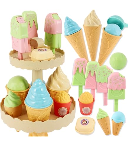 Mamabrum Glacier En Bois Pour Enfants Dès 3 Ans - Ensemble Jeu Magasin De Glaces Avec Accessoires, Nourriture Et Ustensiles De Rôle