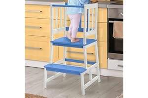 COSYLAND Torre de Aprendizaje Montessori - Torre de Bambú Natural - Montessori (Blanco + Azul)