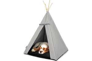 Halkalife Dog teepee with pompons, dog waterproof tent and puppy luxury tent, dog wigwam, dog house, dog nest (L, Grey, Black)
