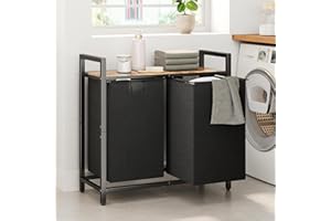 YALIXUAN Laundry Basket 2 Compartments 95L, Double Laundry Basket with Shelf and Double Pull-Out Removable Bags, Laundry Bin, Large Washing Basket, Wooden Laundr Basket for Laundry Room, Bedroom, Bathroom