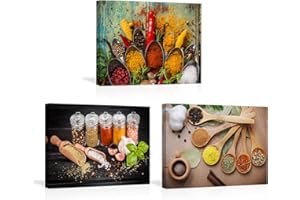 Piy Painting 3X Tableau Peinture sur Toile Épices et Cuillères Giclée Artistique Photographie Tirage Photo d'art Moderne Impression sur Toile pour la Décoration de Cuisine, Restaurant 30x40cm
