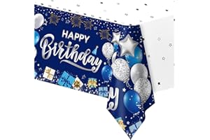 YAAVAAW 137*274cm Happy Birthday Disposable TableCloth Tablecover for Girls Boys Birthday Party,Blue Rectangular Dining Table Cover Plastic Tablecloths for Baby Girls Boys Men Women Birthday Party Decorations