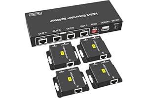 VEDINDUST HDMI Splitter Extender 1 in 4 Out 50m (165ft), Over Cat5e / 6/7 Ethernet HDMI Transmisor Receptor Soporte EDID Presets 1080p POC (Solo necesita alimentación TX para trabajar)
